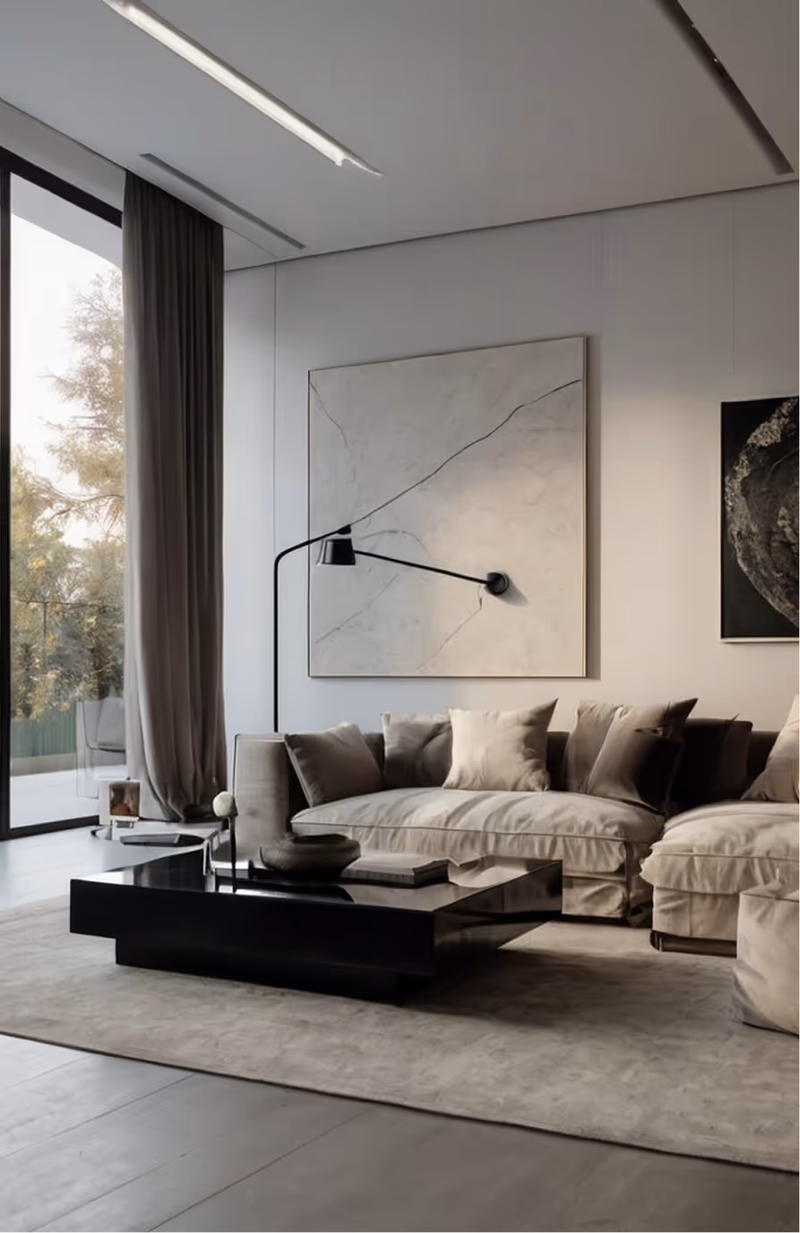 Modern living room with a beige sectional sofa, black low coffee table, large abstract wall art, and a floor-to-ceiling window with curtains.
