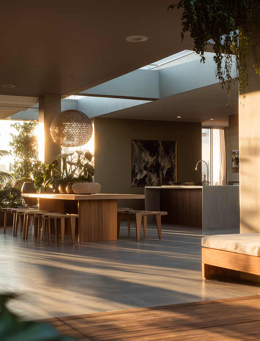 Modern dining area with wooden table and stools, hanging woven pendant light, indoor plants, and natural sunlight through skylight.