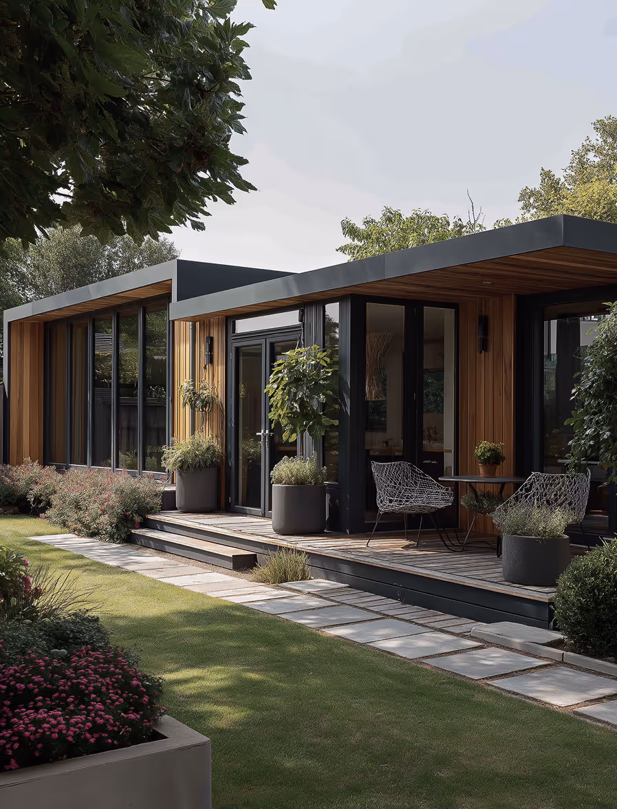 Modern backyard patio with wooden deck, black-framed glass doors, wire chairs, potted plants, and stone pathway along a green lawn.