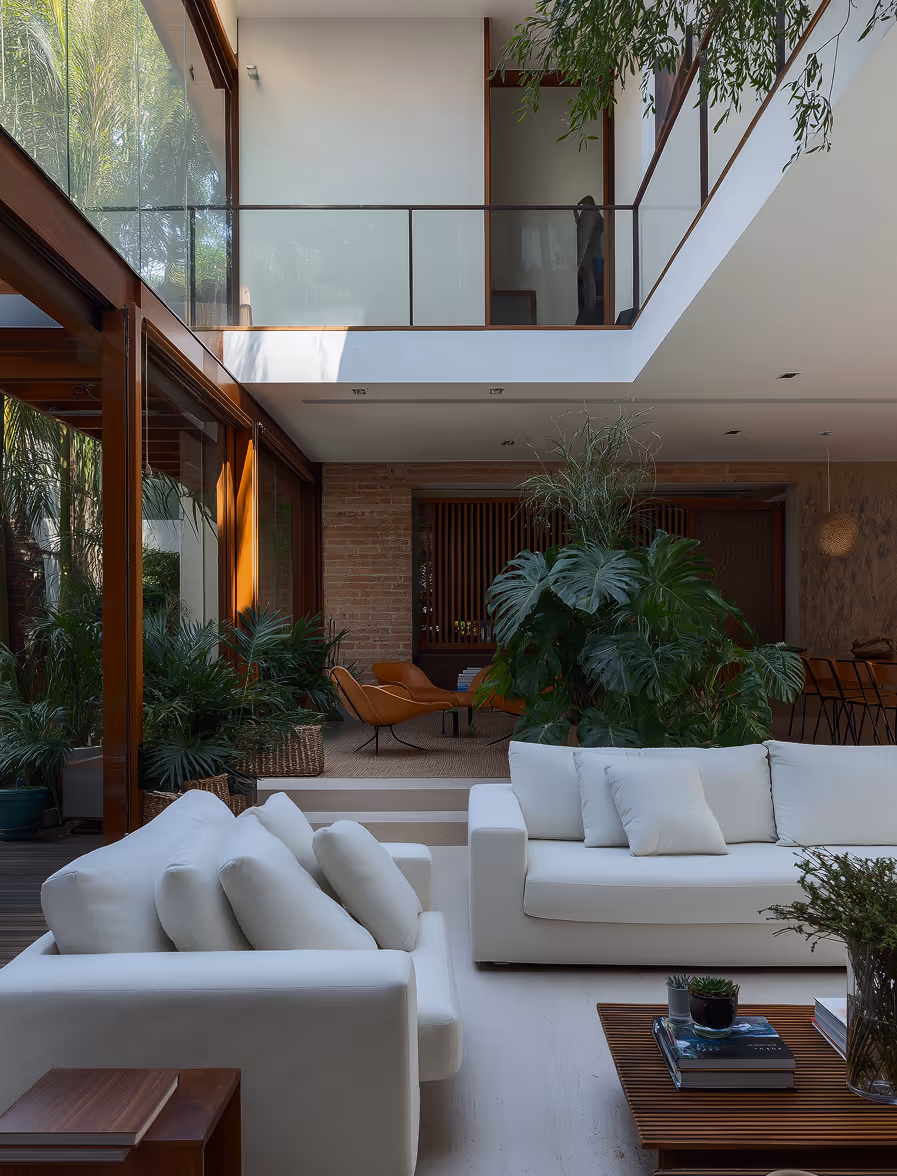 Modern living room with white sofas, wooden coffee table with books and plants, large green indoor plants, and glass balcony overlooking the space.