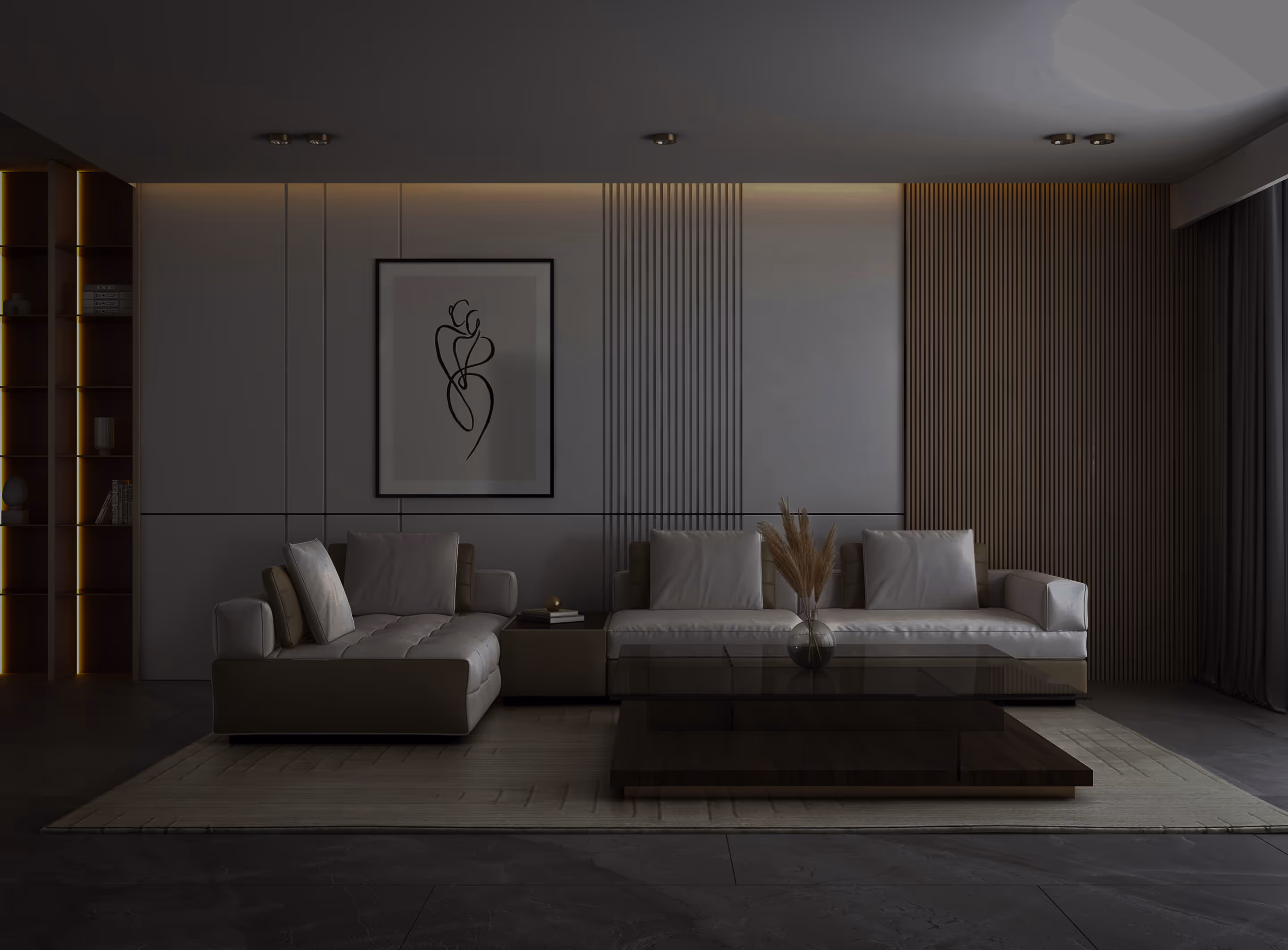 Modern living room with two light gray sofas, a dark wooden coffee table holding a vase with dried pampas grass, minimalist wall art, and a textured wall panel.