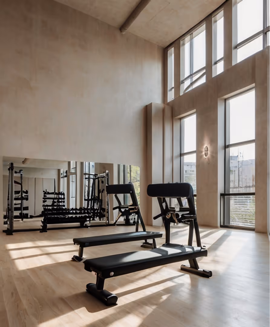 Bright gym room with large windows, wooden floor, black workout benches, and a mirror wall reflecting dumbbells and equipment.