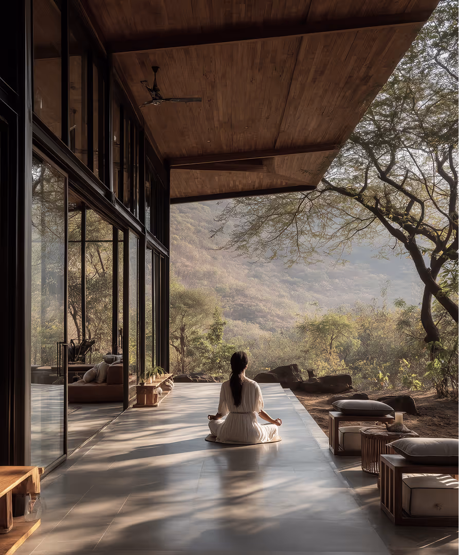 Woman in white dress meditating on a spacious patio overlooking a misty forest landscape with modern seating.