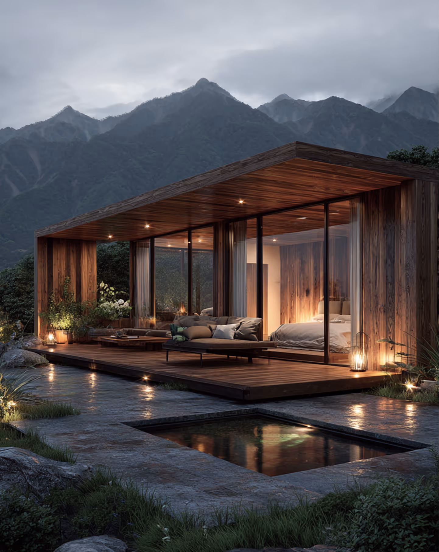 Modern wooden cabin with glass walls and warm interior lighting, set against misty mountains and surrounded by a stone patio with a small reflecting pool.