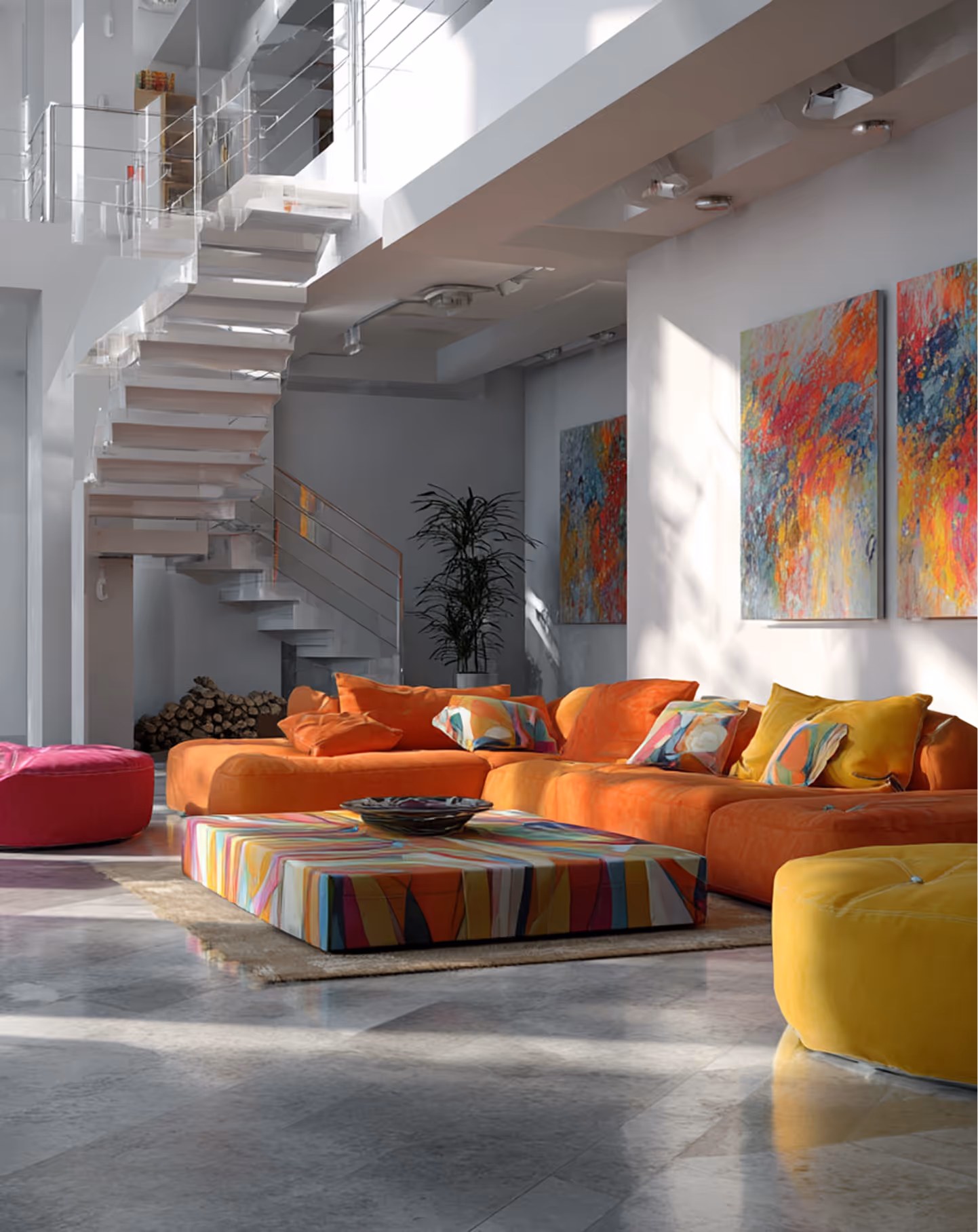 Bright living room with orange sectional sofa, colorful coffee table, yellow ottoman, red pouf, and three vibrant abstract paintings on the wall.