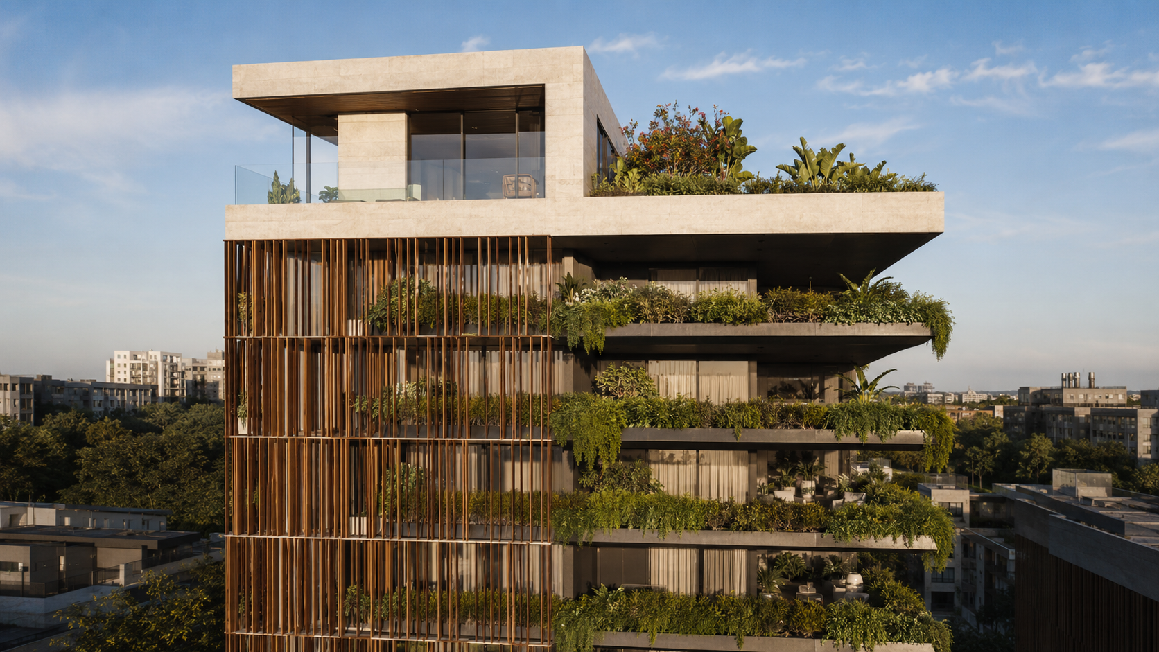 Render horizontal da fachada do RISE com varandas verdes e rooftop